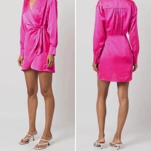 Milly Jordan Long Sleeve Satin Faux Wrap Dress Shirtdress Long Sleeve Small Pink